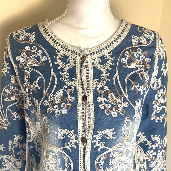 Indigo & Lace Boho Embroidered Denim Jacket Sz M Romantic Crochet Cottage Folksy - Picture 10 of 11